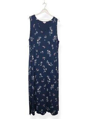 J. Jill Floral Print Navy Blue Sleeveless Knit Maxi Dress with Pockets Size 3X